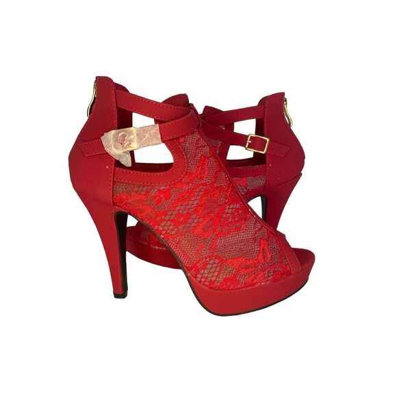 These Lov Mark Watermelon/Coral Pink Floral Lace Peep Toe Stilettos. . US Women - Picture 2 of 8